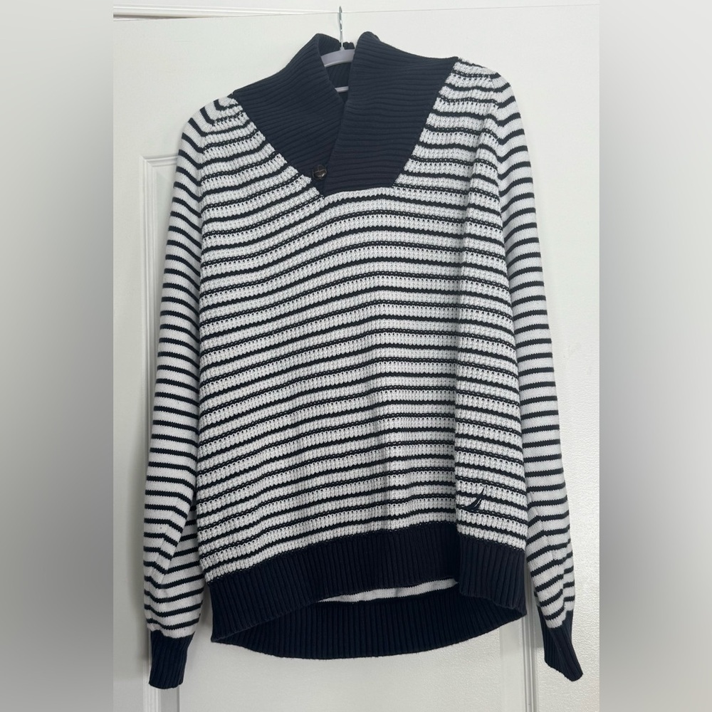 Nautical Striped Shawl Collar Sweater L 100% Cotton Fisherman Pullover Knit